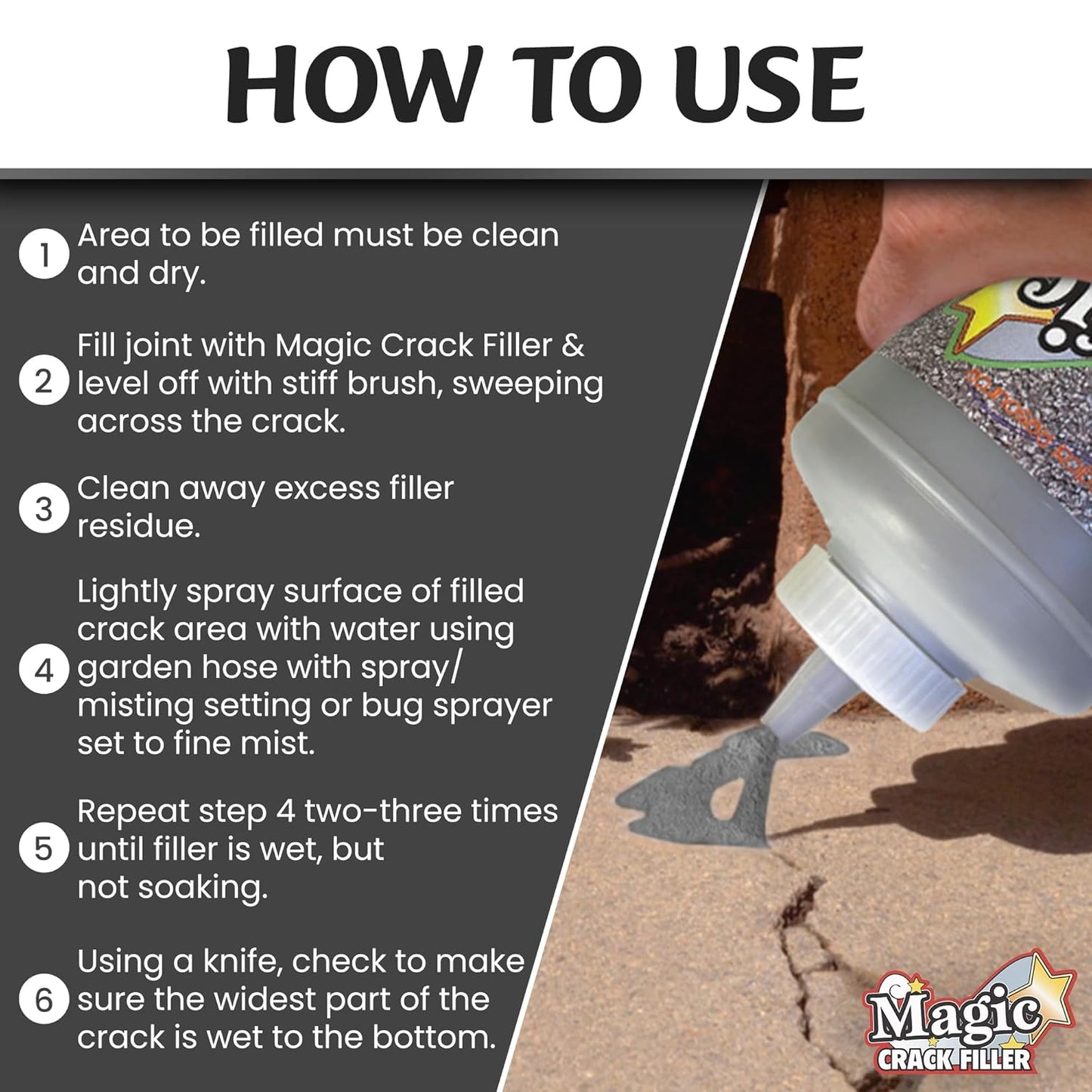 Magic Crack Filler Concrete Slab Gray, for Filling in Concrete Cracks on Driveways, Walkways and Patios. Installs Easily Dry Granular No Mess and DIY