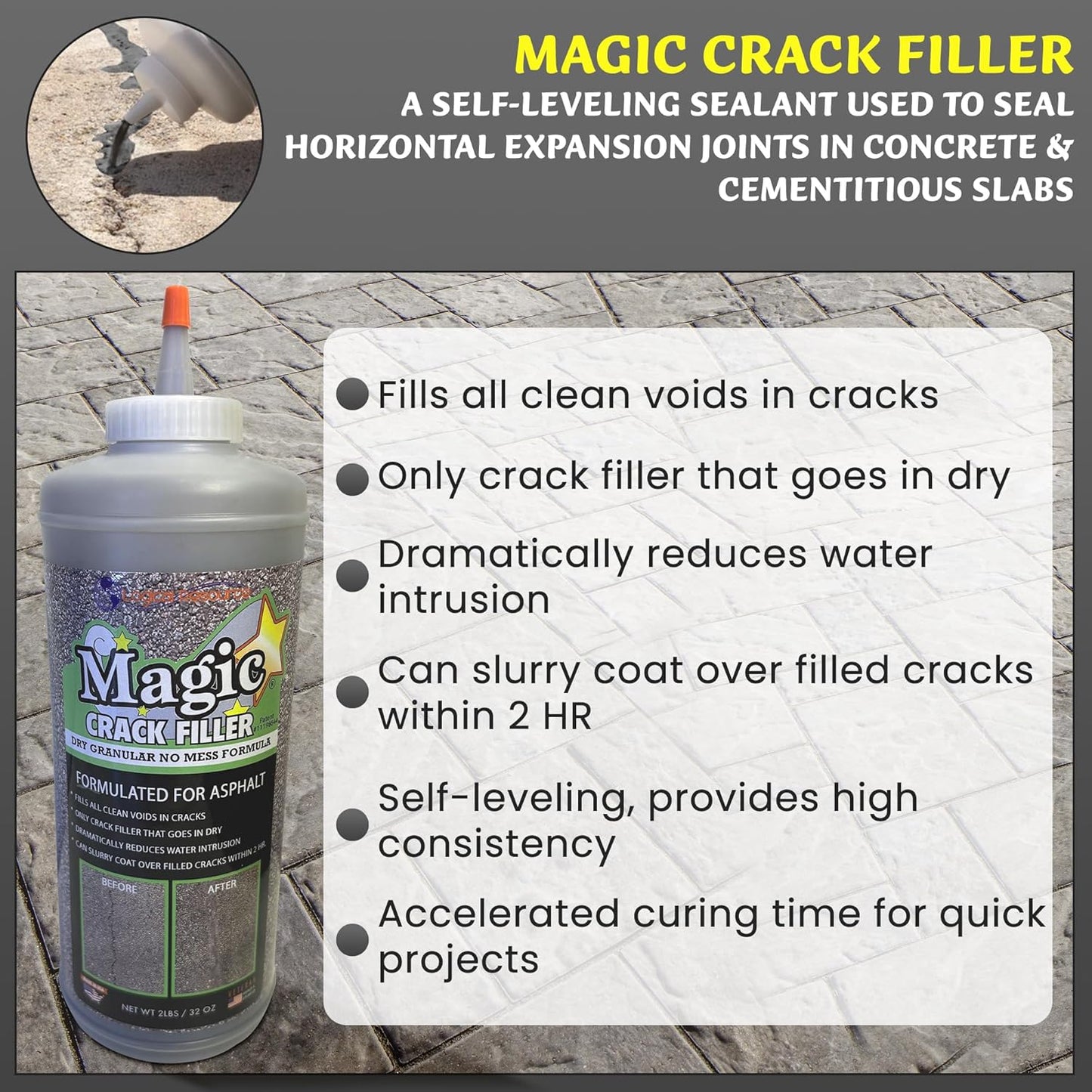Magic Crack Filler Concrete Slab Gray, for Filling in Concrete Cracks on Driveways, Walkways and Patios. Installs Easily Dry Granular No Mess and DIY